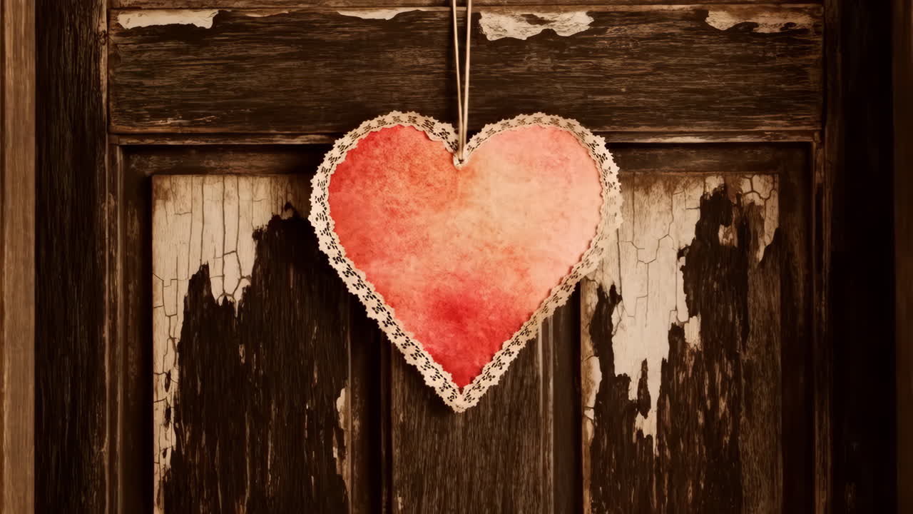 A rustic heart decoration hanging on an old wooden door