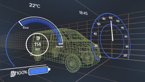 Animation of speedometer and power level over van project on black background