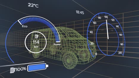 animation of speedometer and power level over van project on black background