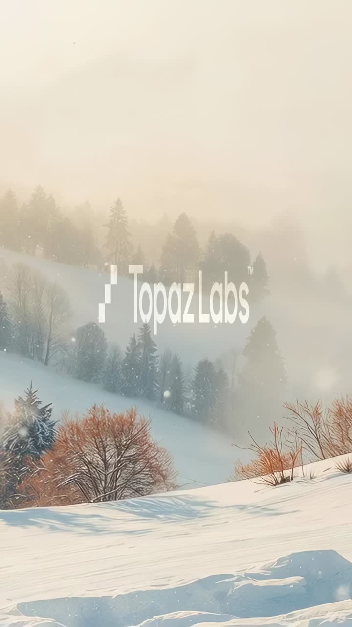 Vertical video: Light snowfall starting, camera holding snow hillside shot, TopazLabs logo centered