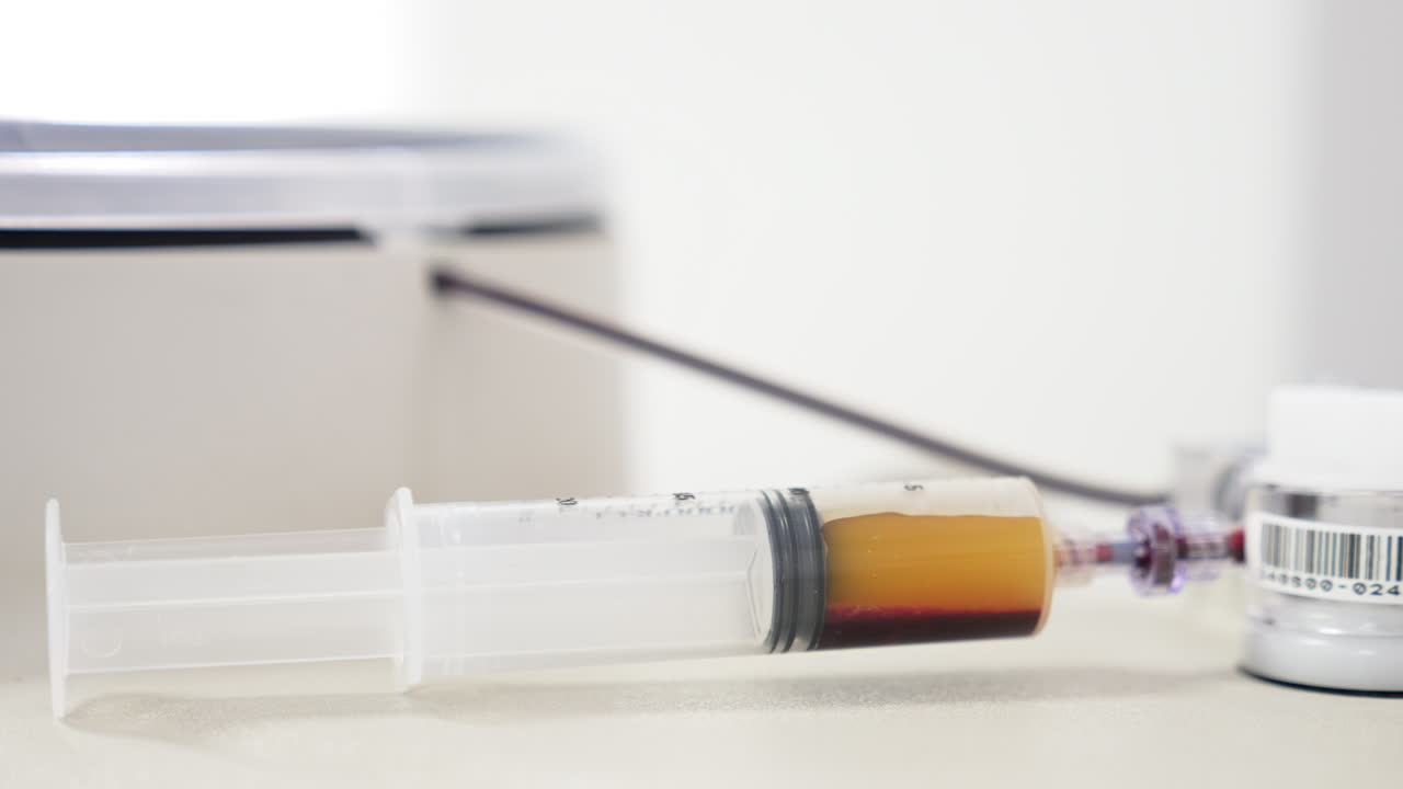 Syringe is filled with yellow liquid. Close up. Plasma preparation. PRP therapy concentrate.