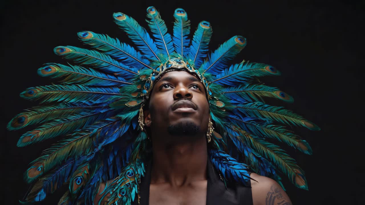 Man wearing a peacock feather headdress
