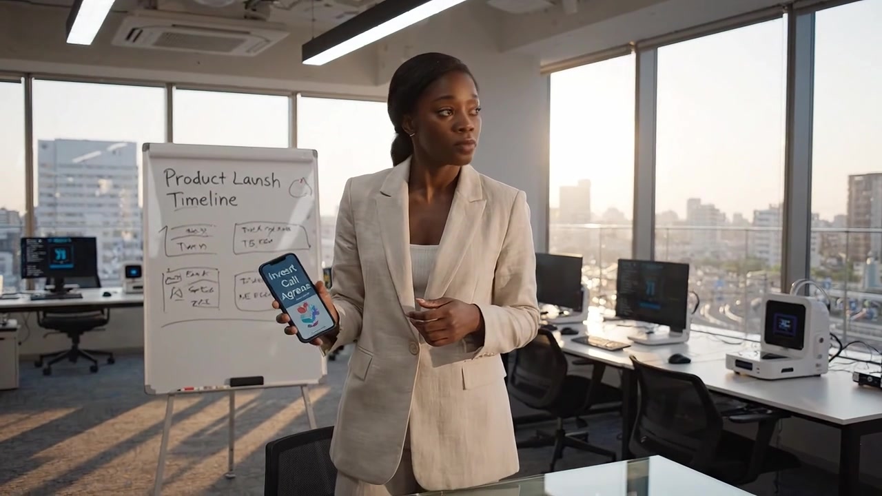 Focused professional examines product launch timeline in an office with city views, utilizing technology while engaged in important planning tasks for upcoming projects.