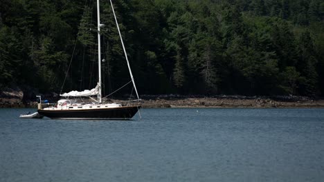 static view of classic black and white sail boat with dinghy tied to backside