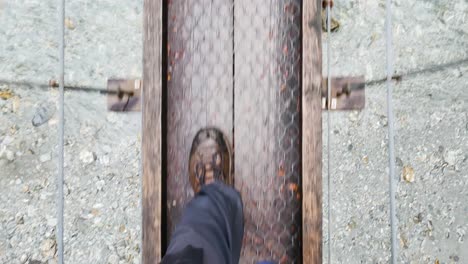 pov of hiker's wet boots as they cross a remote footbridge