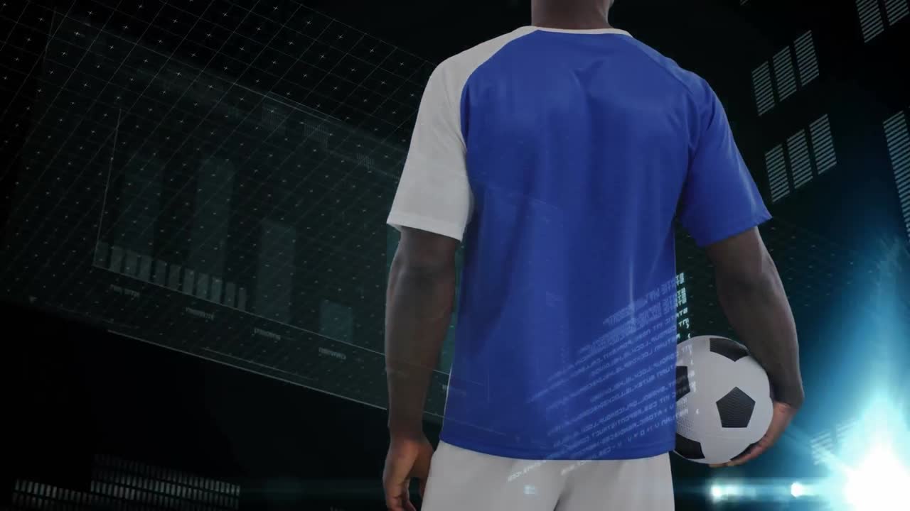 animação de processamento de dados sobre jogador de futebol masculino afro-americano