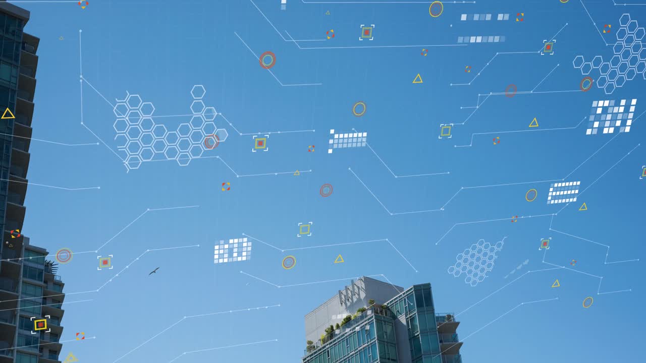 Animation of data processing over tall buildings against blue sky