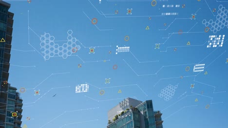 animation of data processing over tall buildings against blue sky