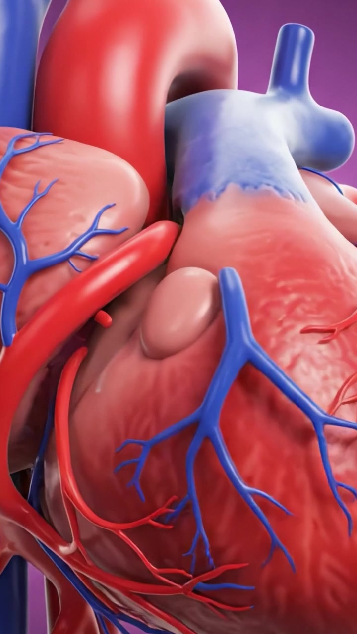 Vista anatomica dettagliata di un cuore umano, che evidenzia le strutture vascolari e le camere con colori rosso e blu vivaci su uno sfondo viola.
