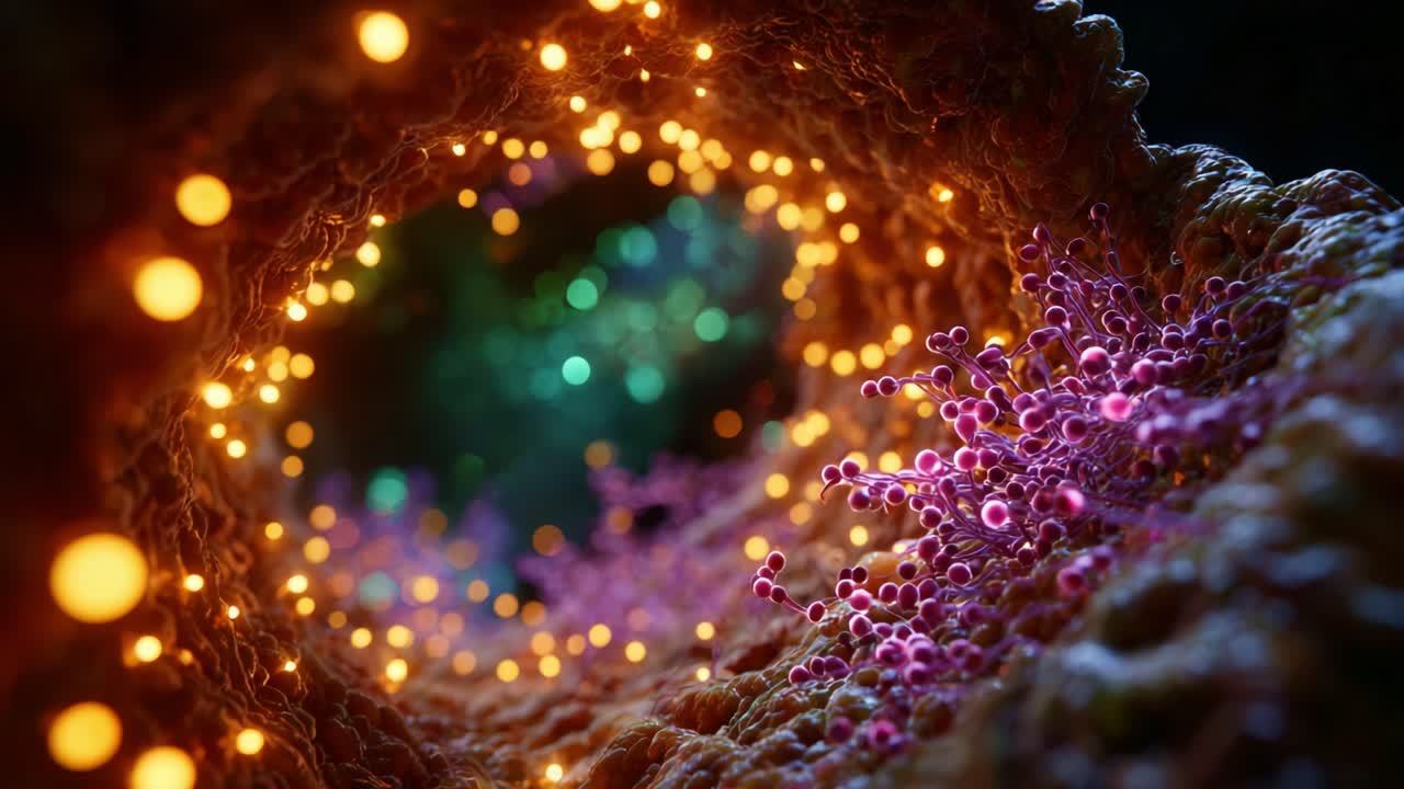 Exploring an Illuminated Macro World of Colorful Microorganisms and Ethereal Lights in a Deep Organic Tunnel, Emphasizing Nature's Intricate Beauty