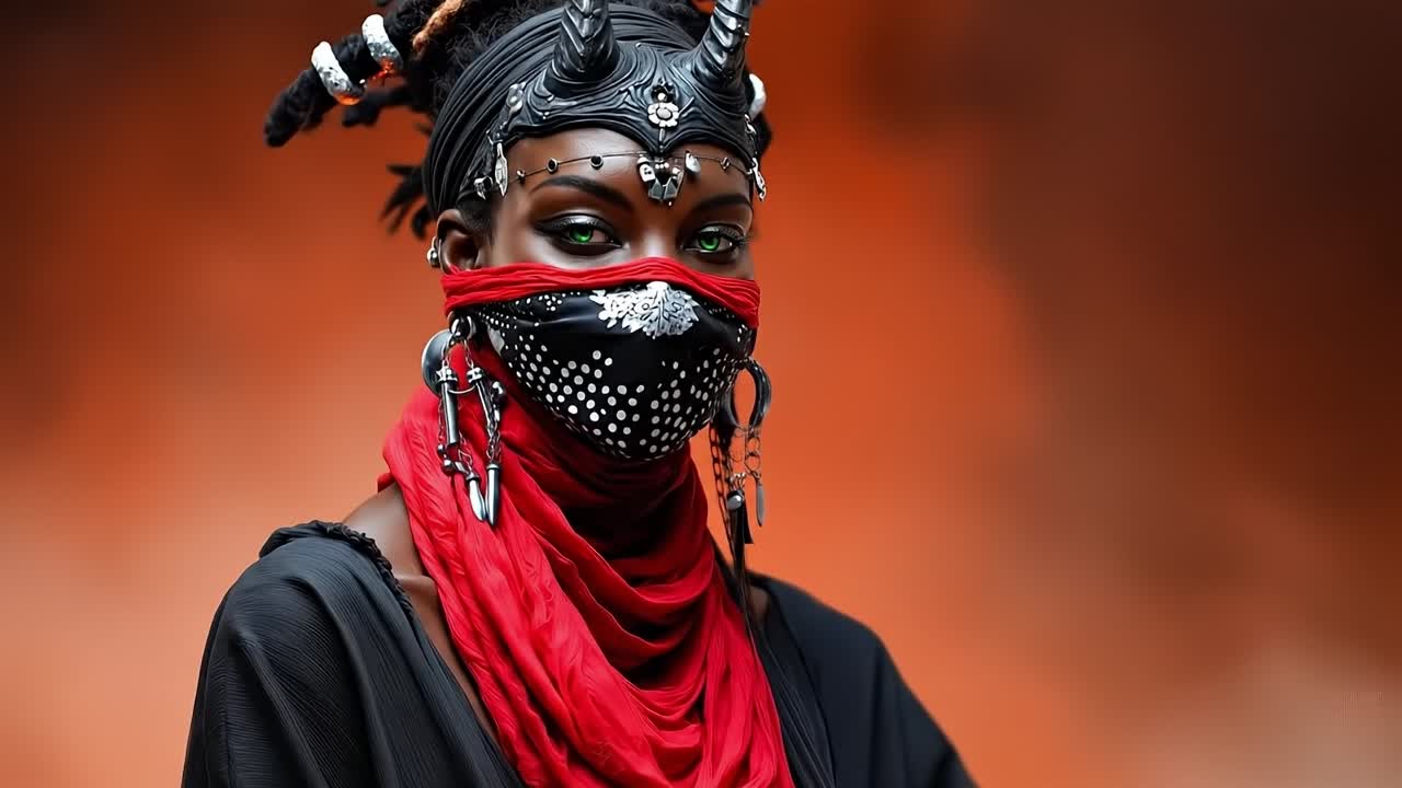 A woman wearing a black and red mask with horns on her head