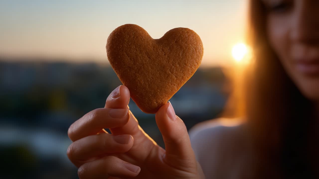 Una galleta en forma de corazón sostenida delicadamente entre los dedos sobre un hermoso fondo de atardecer, que simboliza el amor y la alegría en un ambiente cálido y acogedor.