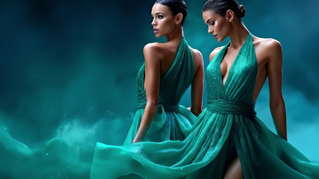 A woman in a green dress standing in front of a blue background