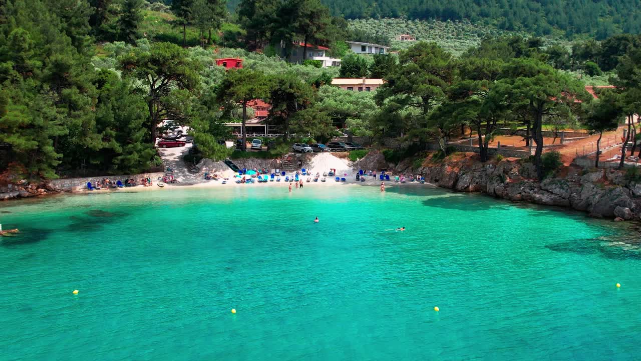 Circular Drone View Of Glifoneri Beach, With Crystal Clear Water And Surrounded By Lush Green Vegetation, Thassos Island, Greece, Europe