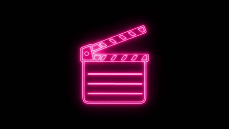 icono de línea del tablero de la película de neón aislado en fondo negro. clapper de película