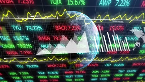 animación del mercado de valores y el procesamiento de datos estadísticos en un globo contra un fondo azul