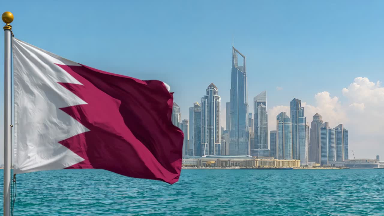 Bandiera nazionale del Qatar che sventola sul mare mentre la brezza da terra si alza e rivela lo skyline, spazio per il testo