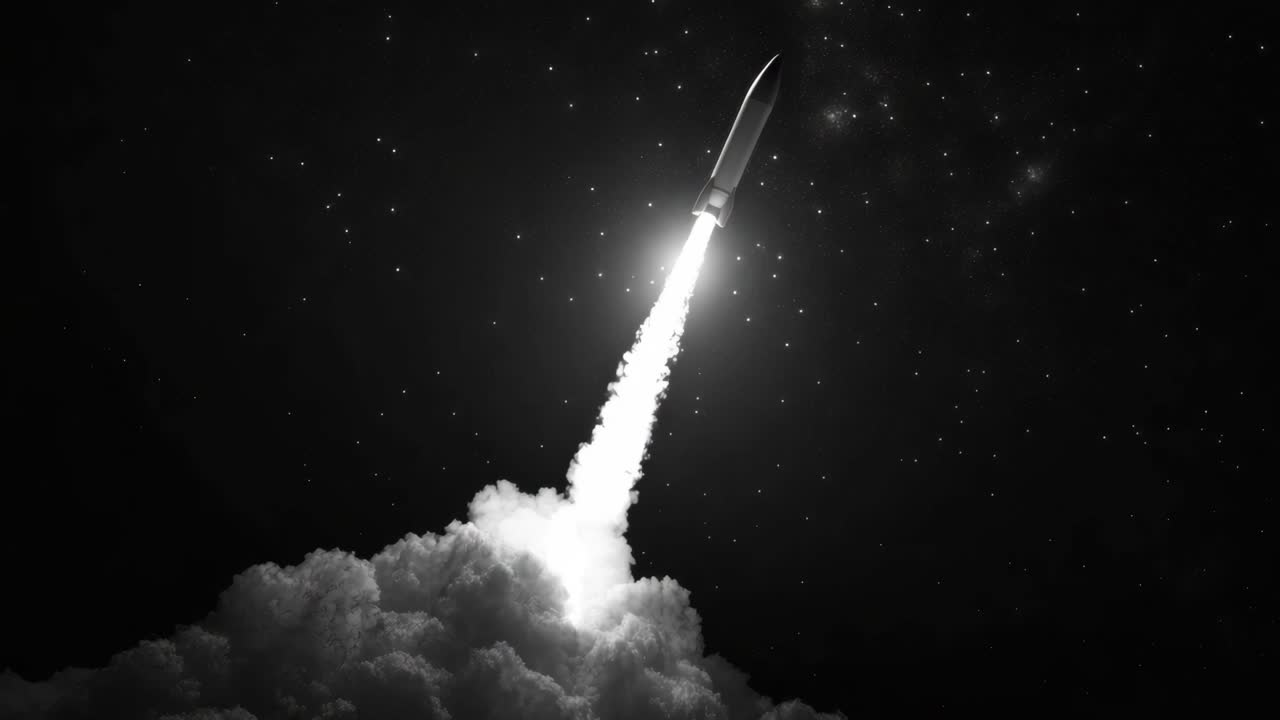 A dramatic upward angle captures a rocket launching into a starry sky, emphasizing motion and power