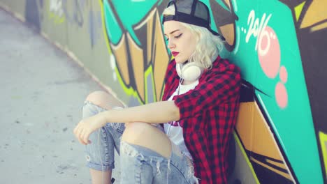 Trendy-young-urban-woman-waiting-on-her-skateboard