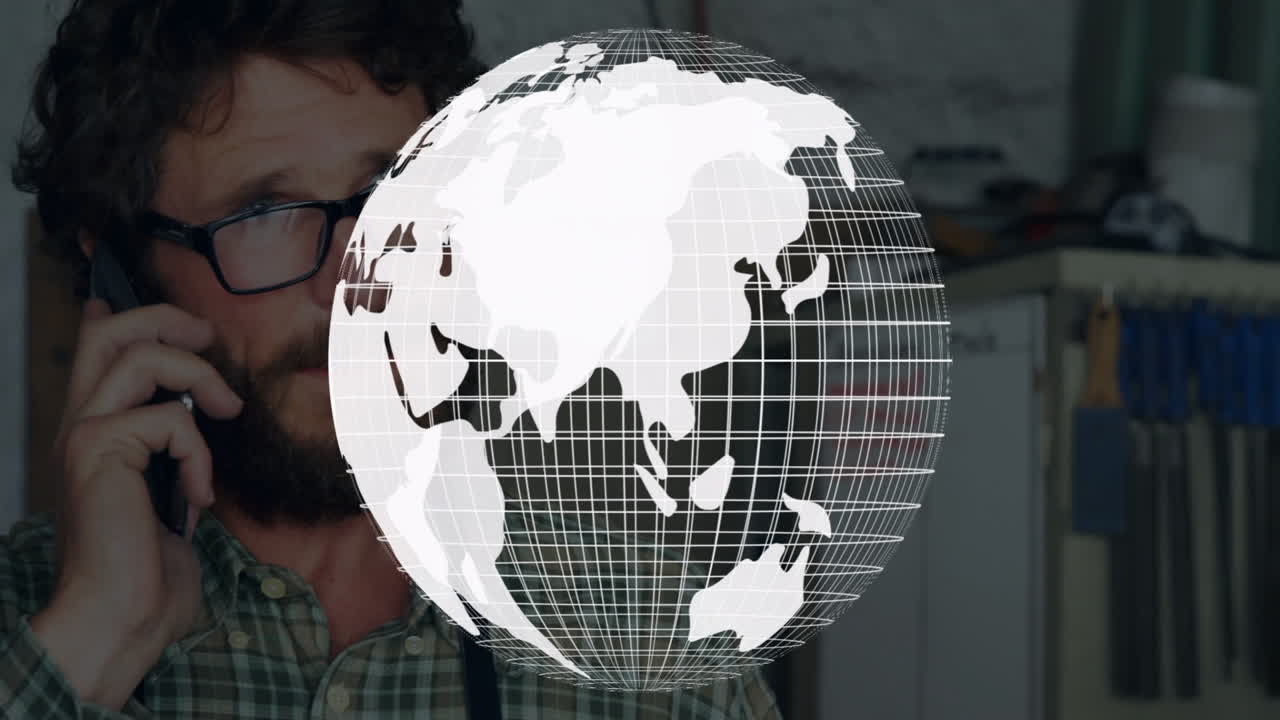 Talking on phone, man with digital globe animation overlaying his face