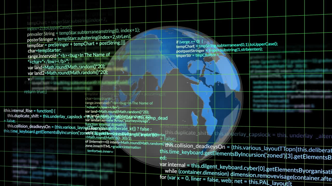 Animation of grid pattern and computer language over rotating globe against black background
