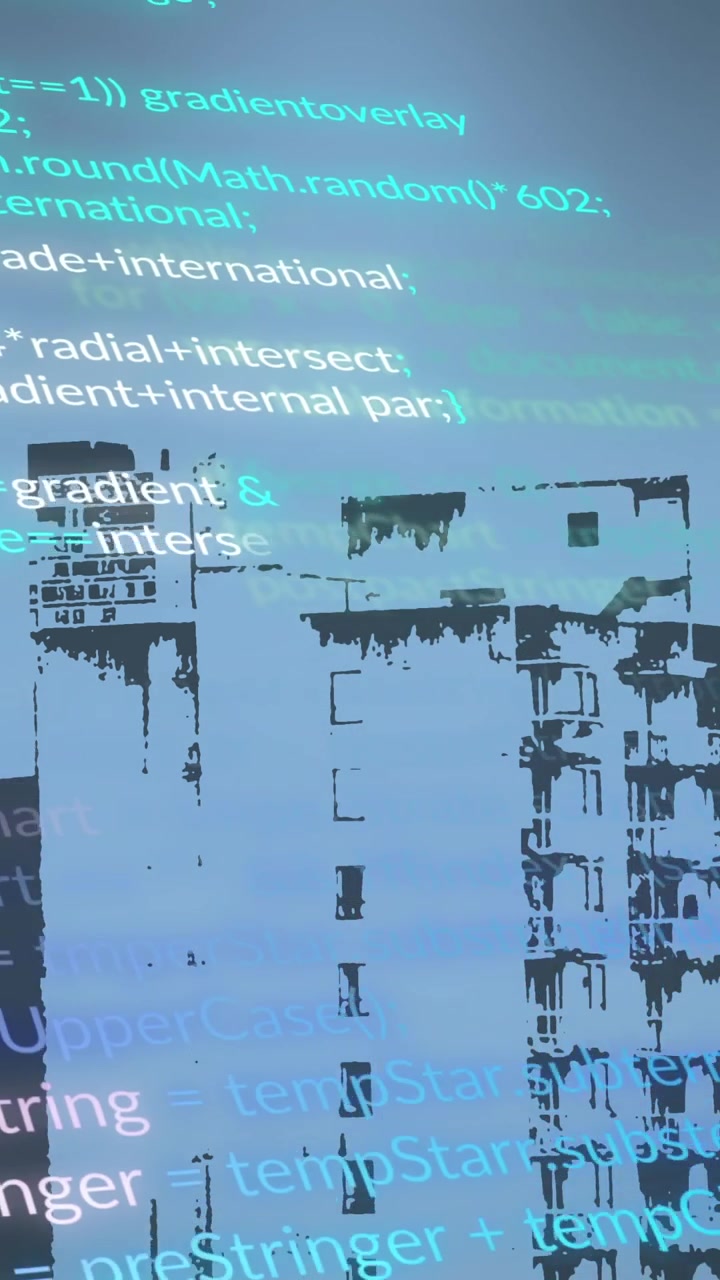 Animation of multicolored computer language over modern buildings in background