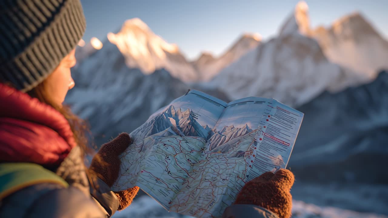 Ung kvindelig vandrer i varmt vintertøj studerer et topografisk kort mod en baggrund af sneklædte bjerge ved solopgang, hvilket symboliserer eventyrrejser, navigation og udendørs udforskning.