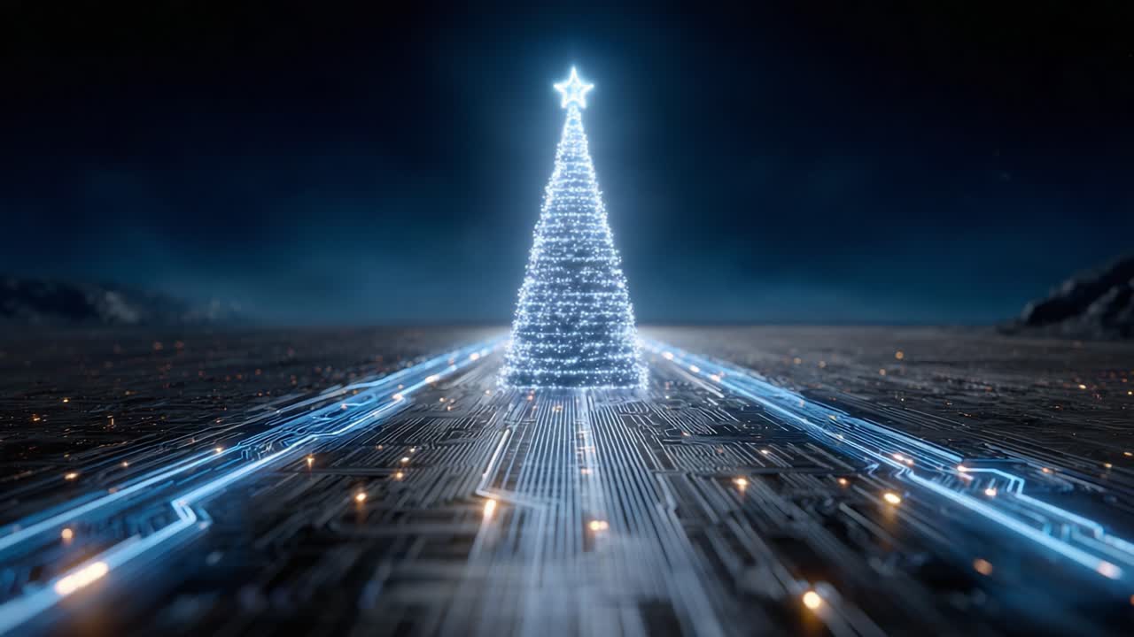 A Stunning Digital Christmas Tree Illuminated with Glowing Lights Against a Dark Background, Representing the Fusion of Technology and Holiday Spirit