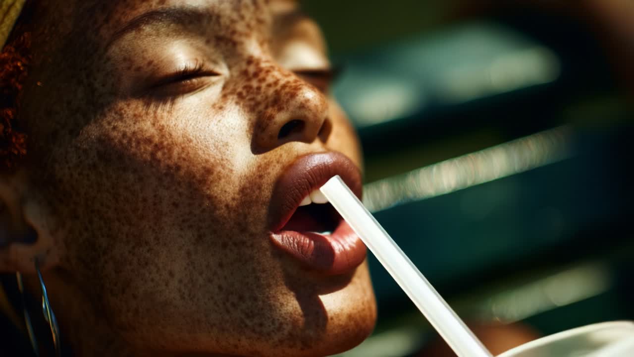 A Close-Up of a Woman with Freckles Enjoying a Refreshing Drink in Natural Light, Capturing the Beauty of Sun-Kissed Skin and Relaxation in a Serene Environment
