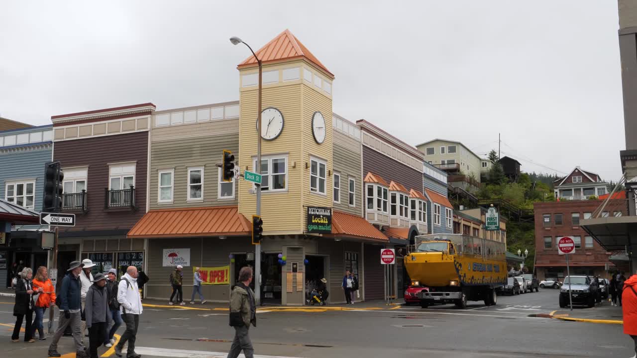 Ketchikan intersection of Front street with Dock street. Cruises in Alaska