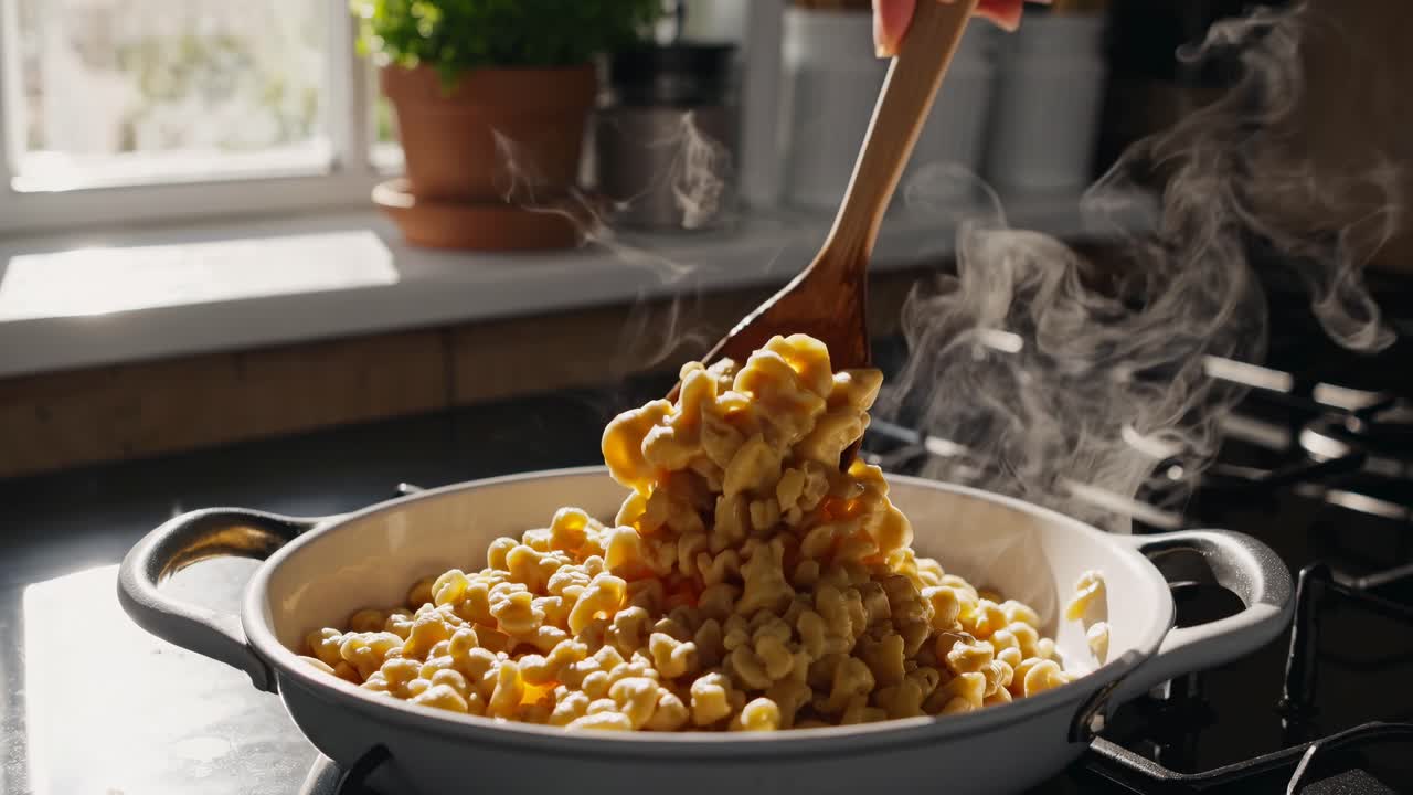 Video ravvicinato di una mano che mescola pasta fumante in una padella. Illuminazione calda e naturale proveniente da una finestra.