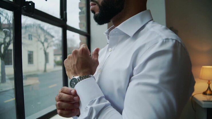 Un uomo barbuto che si prepara, aggiustando il colletto della camicia bianca e allacciando il polsino vicino a una finestra di metallo, con un orologio.