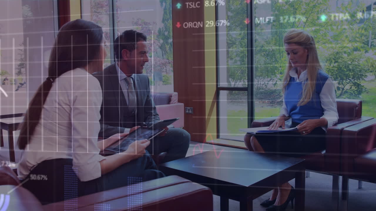 Animation of financial data processing over diverse business people using laptop