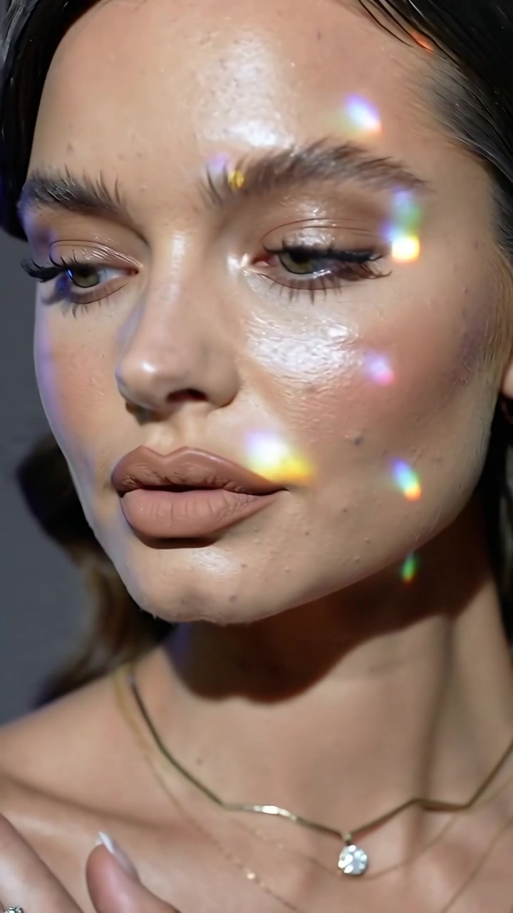 Video verticale: Reagendo alla luce del prisma, modella che gira la testa in studio, mettendo in mostra un ciondolo.