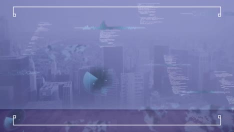 animación radar, mapas, ondas sonoras y lenguaje informático sobre la ciudad moderna en el fondo