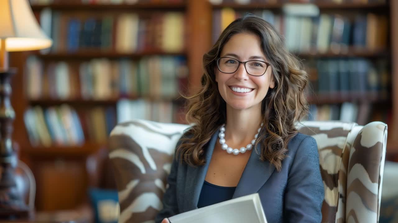 Retrato de uma empresária sorridente em uma biblioteca