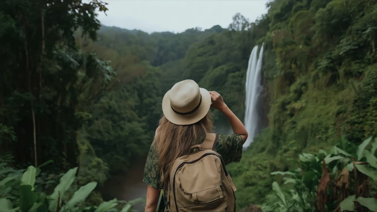 Adventurer exploring lush rainforest waterfall