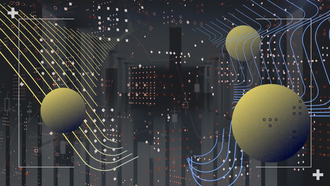 Animation of digital wave and abstract shapes against statistical data processing on grey background