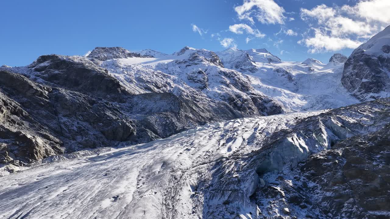 aerial snowy glacier landscape under bright sky in st moritz region, Switzerland