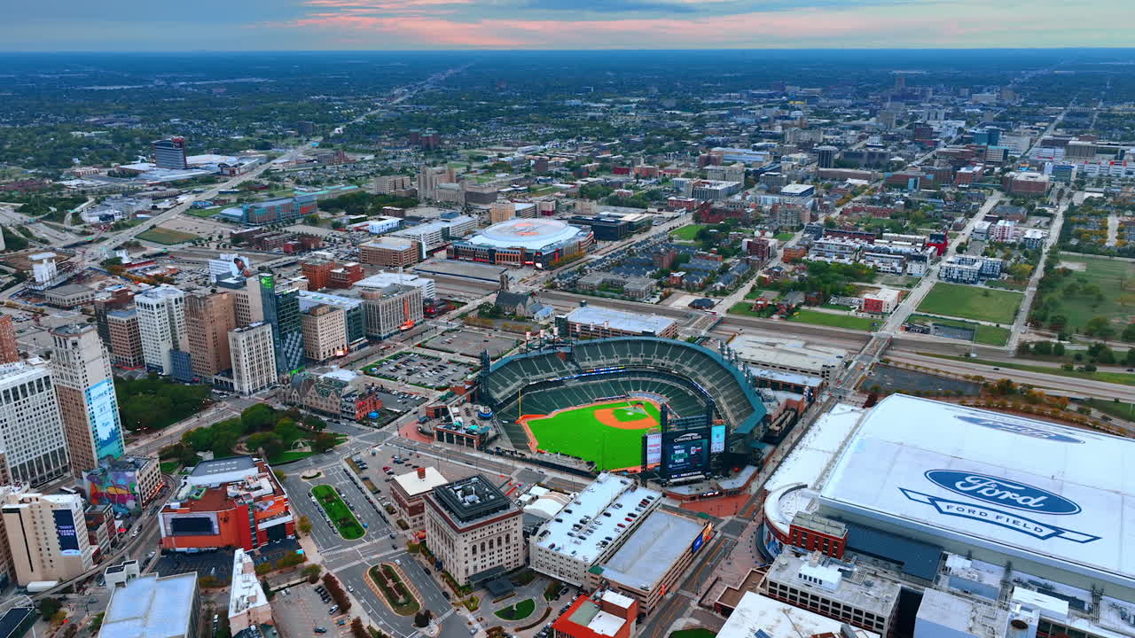 Detroit, USA, 28 July 2025: Panoramic View of Detroit Sports Stadiums and Skyline. A wide, high-angle panorama showcases the downtown Detroit skyline