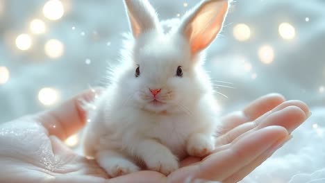 a person holding a small white rabbit in their hands