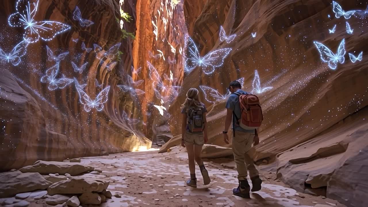 Coppia che esplora un canyon circondato da farfalle luminose al tramonto