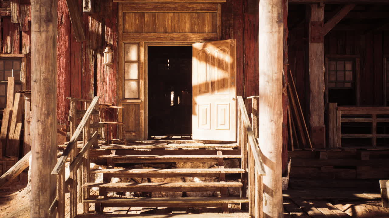 Historic wooden entrance of a rustic building in a sunny outdoor setting
