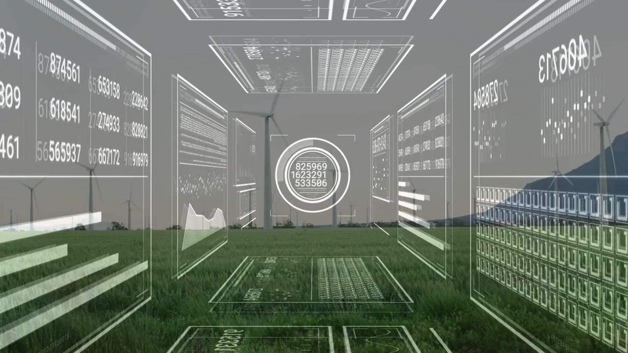HUD corridor booting, panels populating numeric data, reticle updating for monitoring turbines