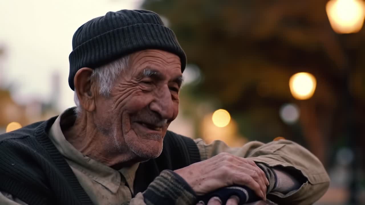 An elderly man's warm smile amidst a charming backdrop, showcasing a moment of joy and reflection, symbolizes the beauty of life's simple pleasures and human connection