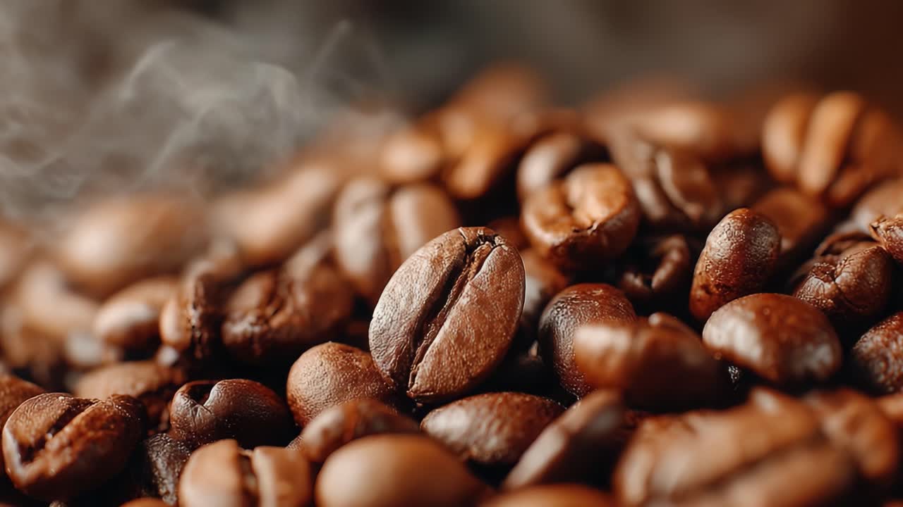 Et nærbillede af ristede kaffebønner, der fremhæver deres rige tekstur og aroma, og indfanger essensen af en friskbryg og det perfekte morgenritual