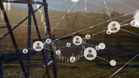 animation of network of connections with icons over electricity pylons