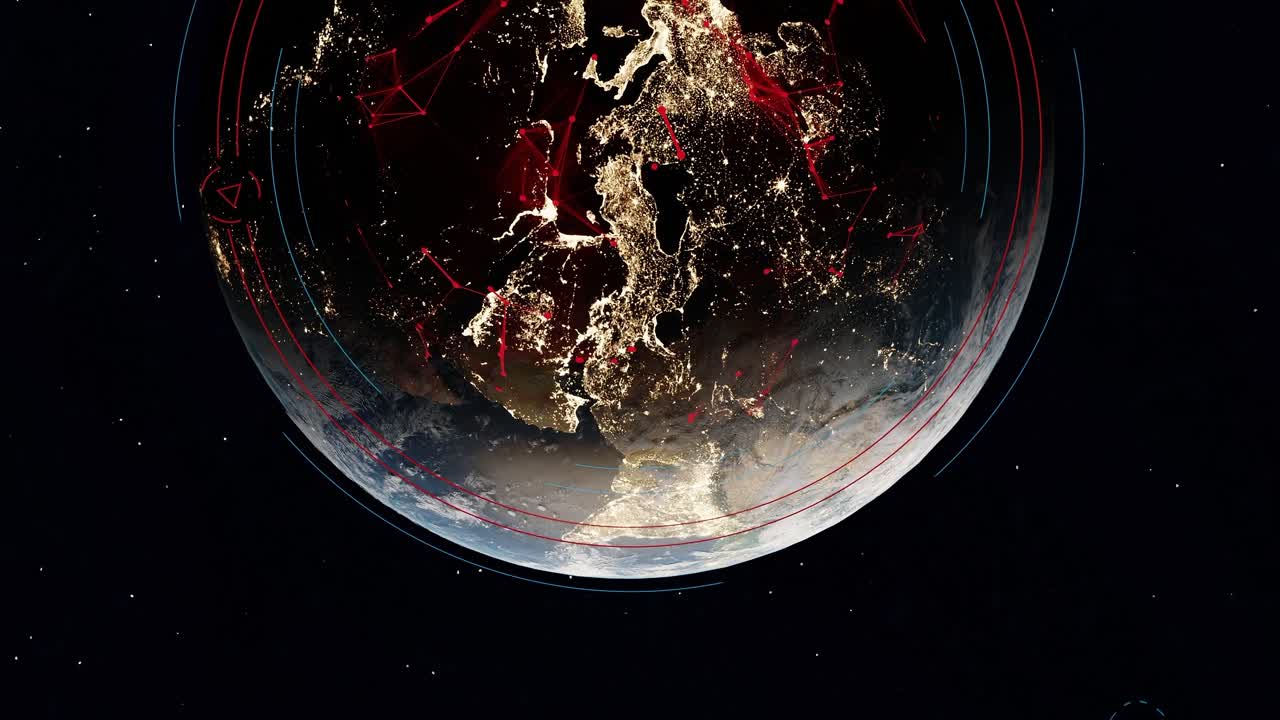 el planeta tierra girando vista desde el espacio oscuro profundo con infografías de animación de tecnología digital escenario futurista que conecta las principales capitales de ciudades inteligentes en el mundo