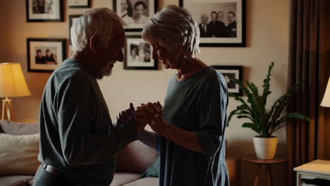elderly couple dancing in living room
