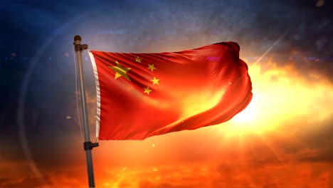 bandera china retroiluminada en el hermoso amanecer bucle cámara lenta 4k